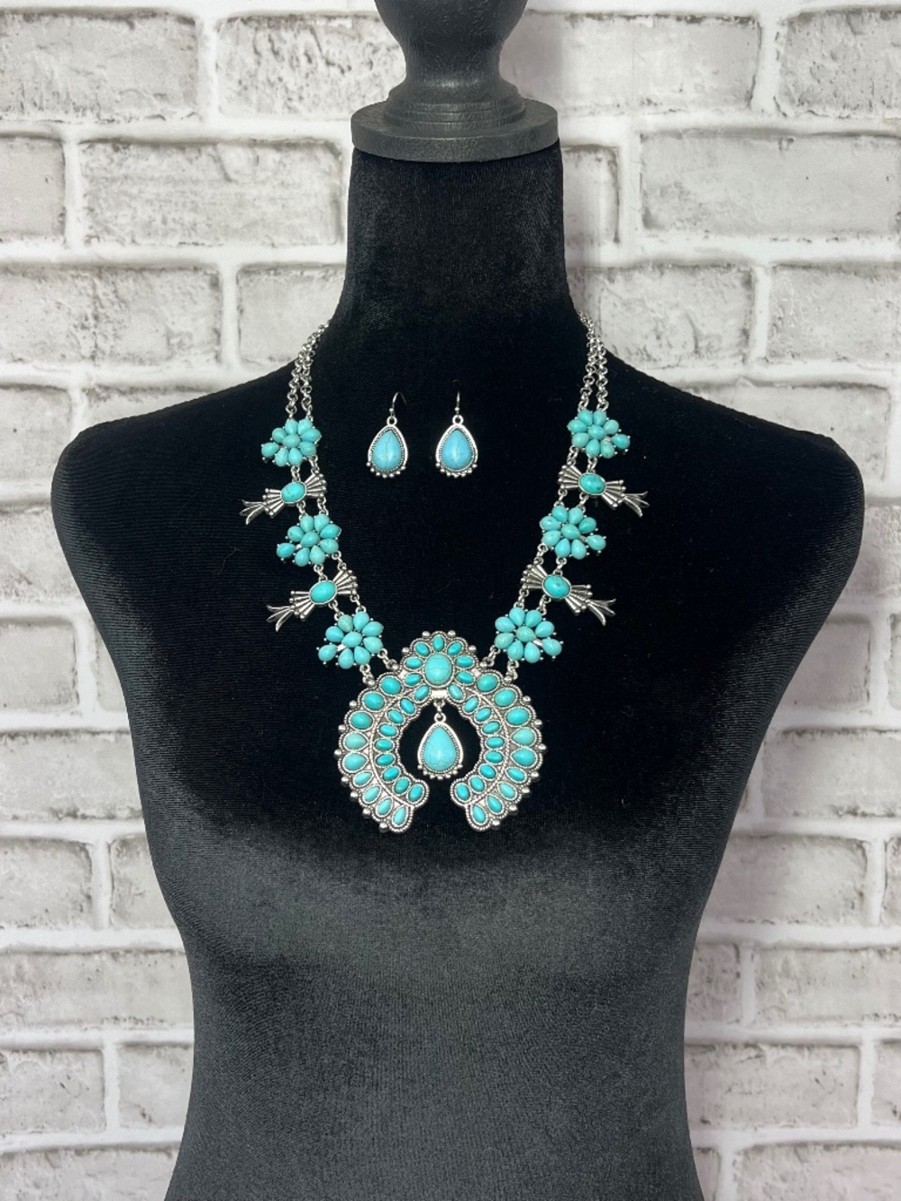 Turquoise Blue • Southwestern Squash Blossom Style Statement Necklace Earrings